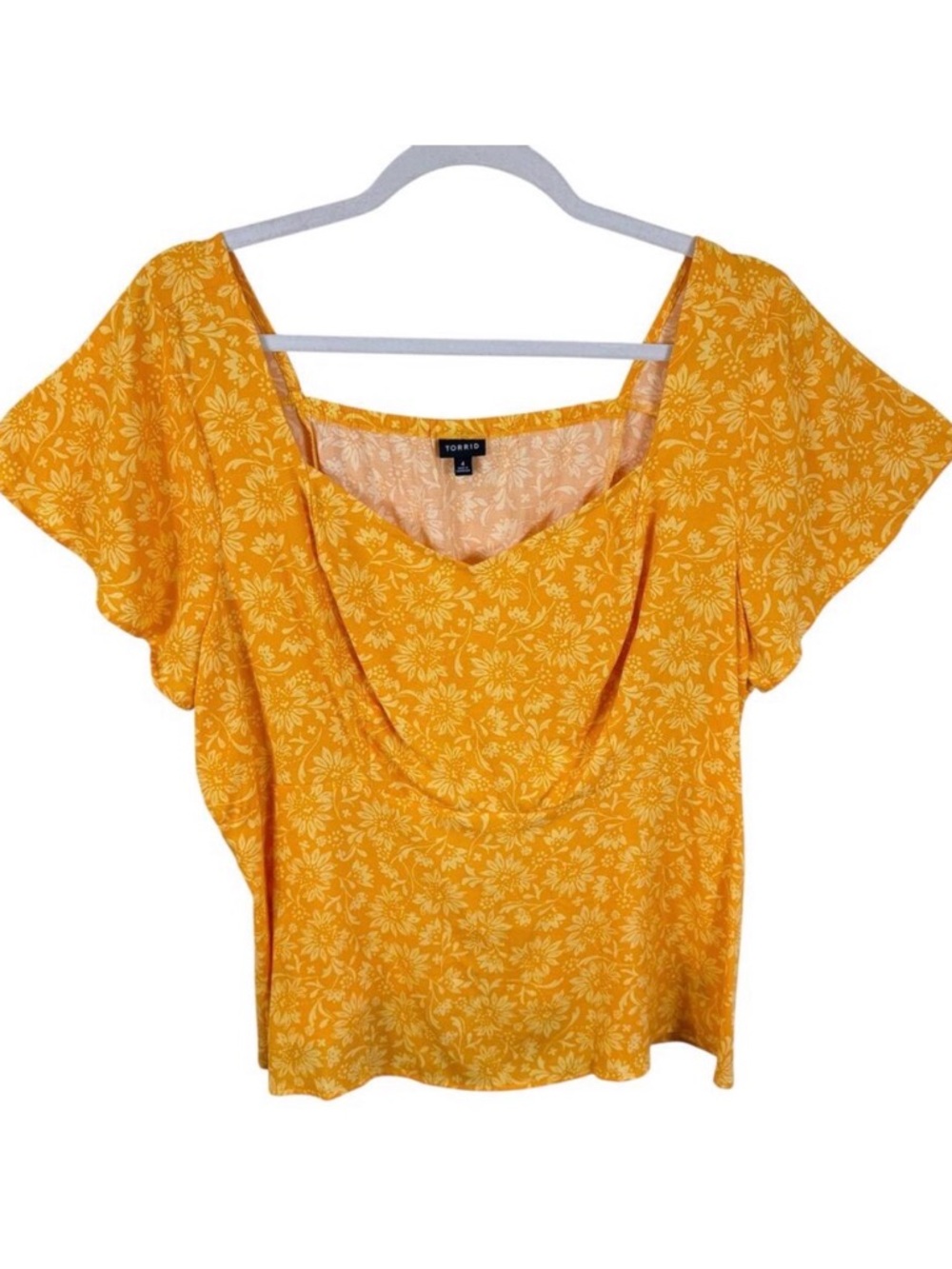 Torrid Yellow Floral Rayon Square Neck Flutter Short Sleeve Blouse Size 4X